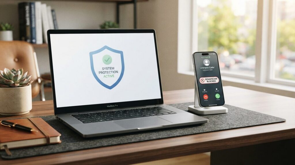 Business laptop and smartphone showing clean cybersecurity protection shield on a bright desk.