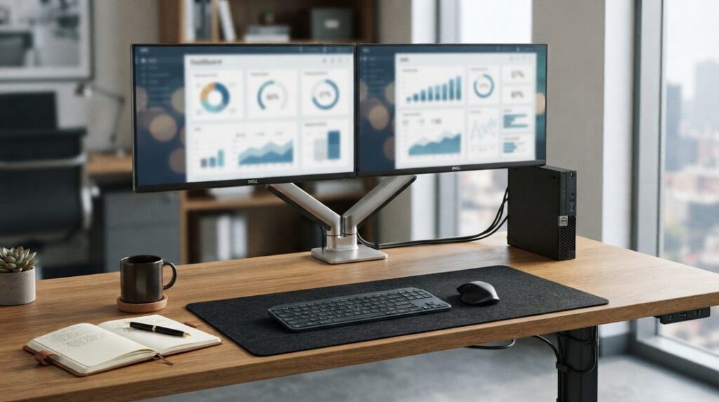 Dual-monitor desktop workstation connected with secure external storage drive for automated cloud backups.