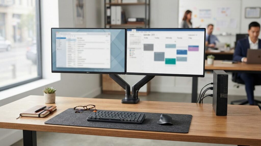 Dual 27-inch business monitor desk setup showing synchronized professional email and calendar management.