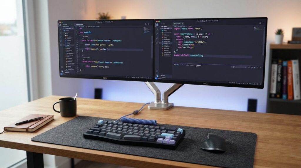 WordPress developer workstation displaying clean PHP code in Visual Studio Code with ergonomic mechanical keyboard.