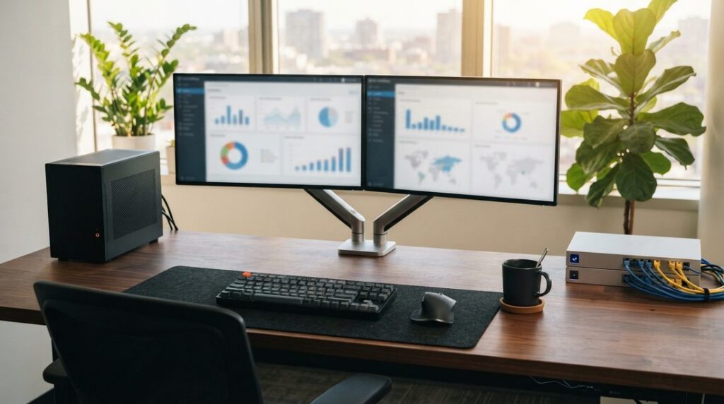 Professional IT consultant workspace with dual 27-inch monitors, business desktop, and network hardware.