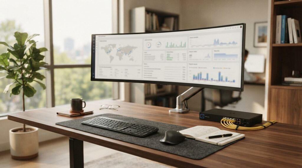 Dual-monitor professional office workstation and business network hardware for small business IT support.