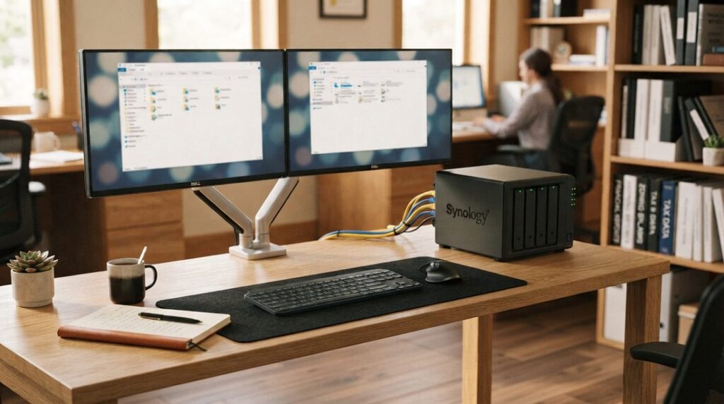 Synology 5-bay NAS file server integrated next to a dual monitor business workstation for local network sharing.