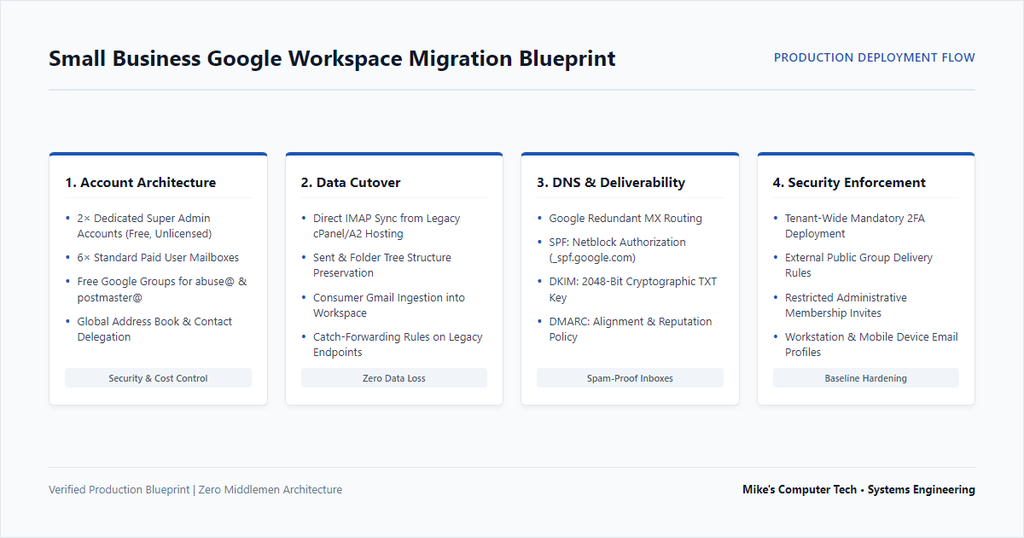 Small Business Google Workspace Migration Blueprint production deployment flow chart detailing four steps: Account Architecture, Data Cutover, DNS & Deliverability, and Security Enforcement.