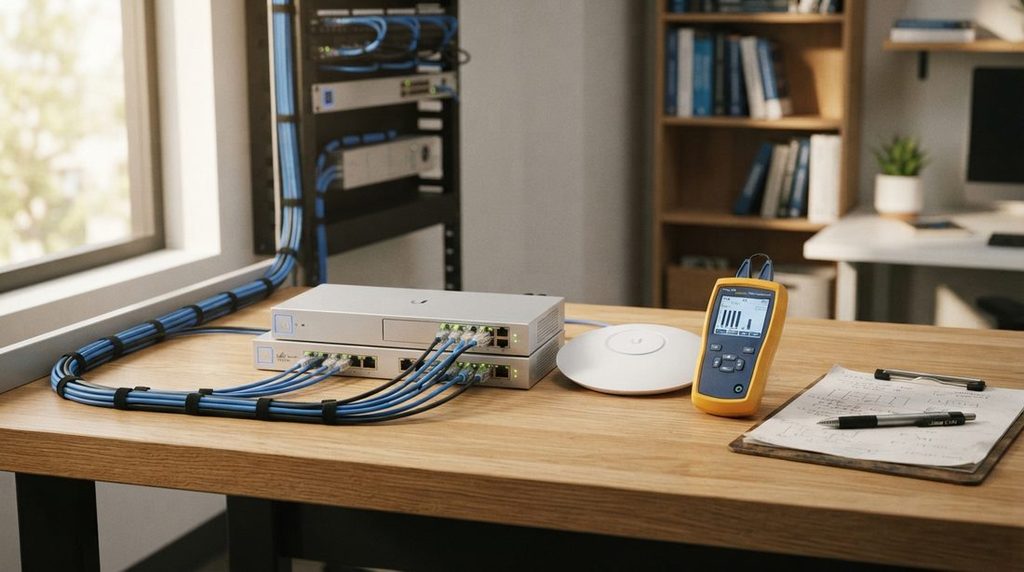 Small business network gateway router and PoE gigabit switch with connected patch cables and diagnostic tester on a technician workbench.