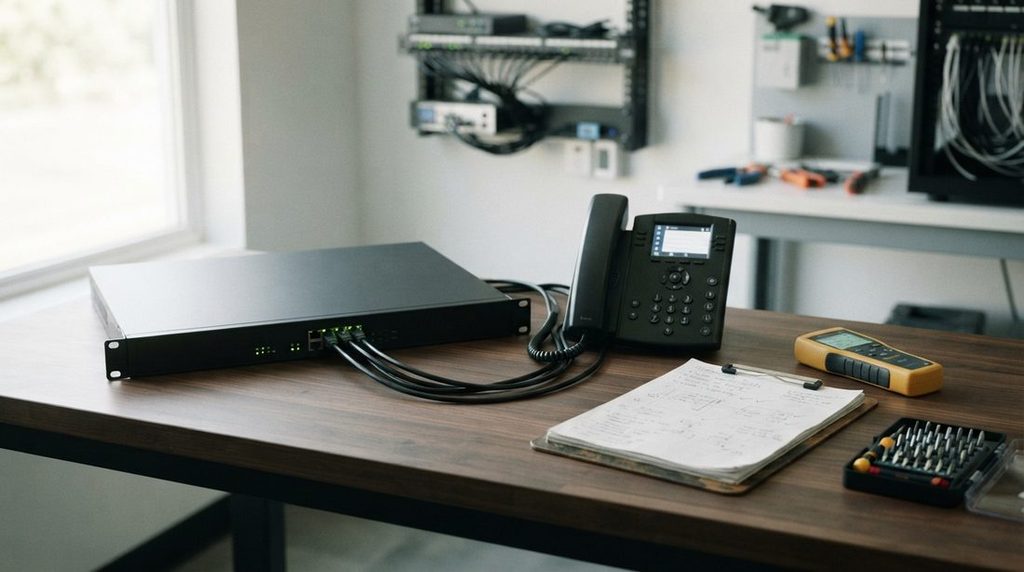 Business IP desk phone connected to an enterprise gateway router on a technician workbench with diagnostic testing tools.